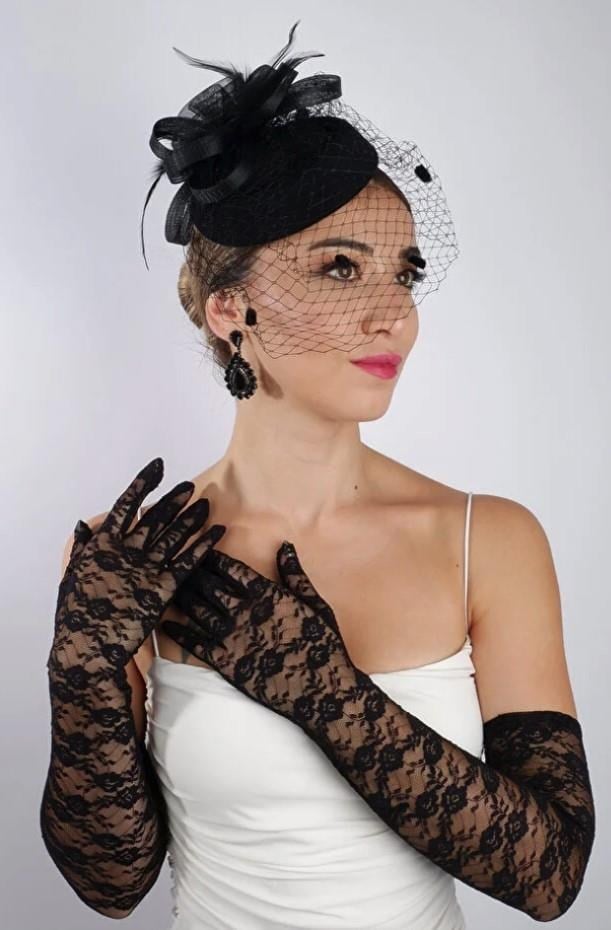 Siyah Uzun Dantelli Fiyonklu Gelin Eldiveni Düğün Nikah Fascinator Şapka Seti