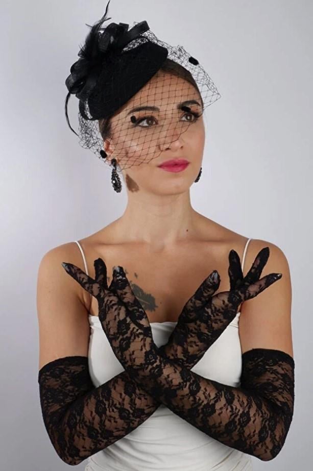 Siyah Uzun Dantelli Fiyonklu Gelin Eldiveni Düğün Nikah Fascinator Şapka Seti