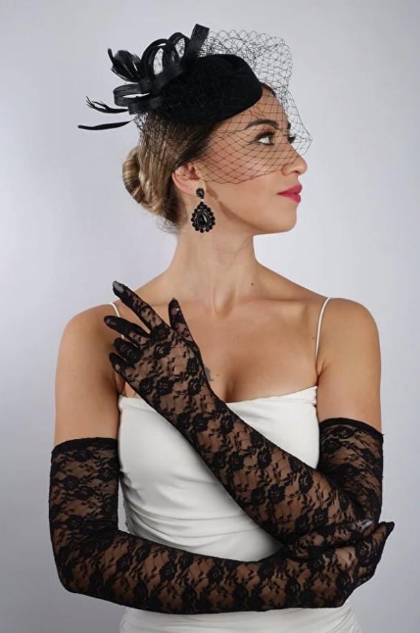 Siyah Uzun Dantelli Fiyonklu Gelin Eldiveni Düğün Nikah Fascinator Şapka Seti