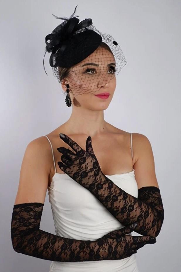 Siyah Uzun Dantelli Fiyonklu Gelin Eldiveni Düğün Nikah Fascinator Şapka Seti
