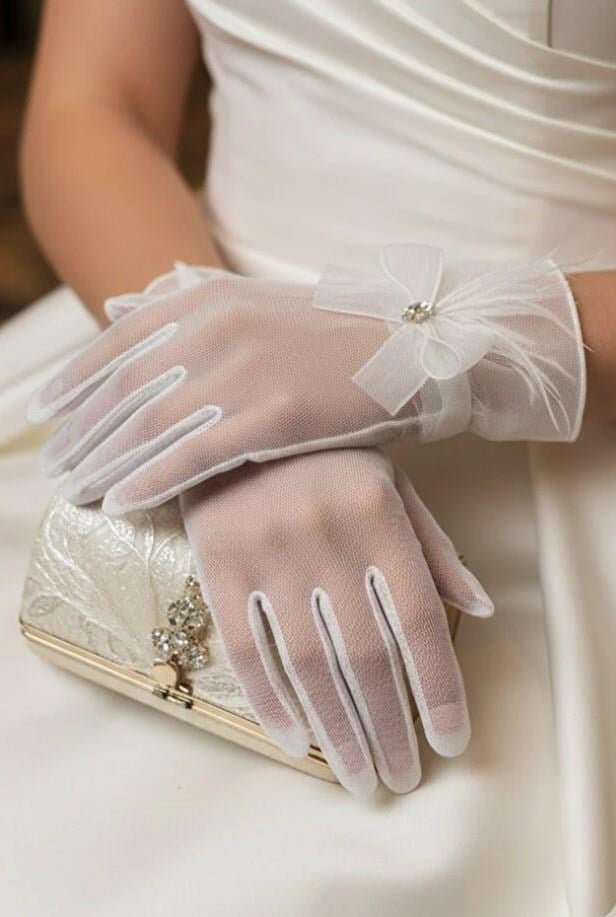 Tül Gelin Eldiveni-Tül Fiyonk ve Markiz Taş Detaylı Nikah Eldiveni