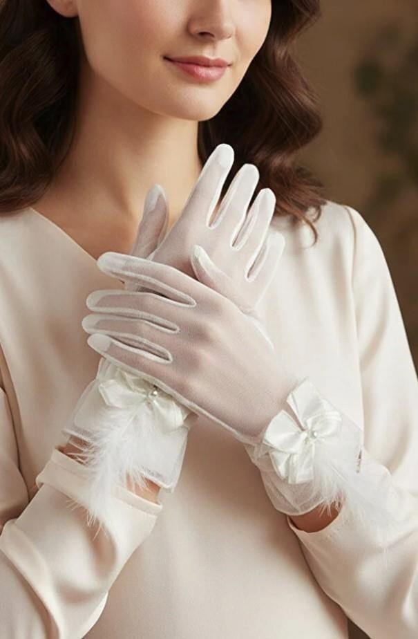 Tüylü Şeffaf İncili Fiyonk Süslemeli Modern Nikah ve Düğün Gelin Eldiveni