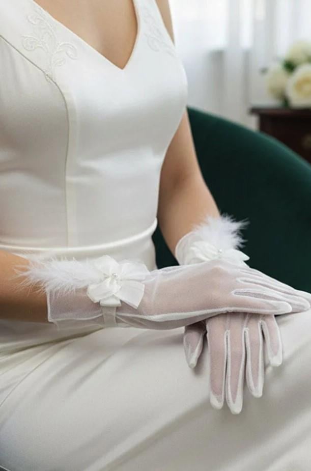 Tüylü Şeffaf İncili Fiyonk Süslemeli Modern Nikah ve Düğün Gelin Eldiveni
