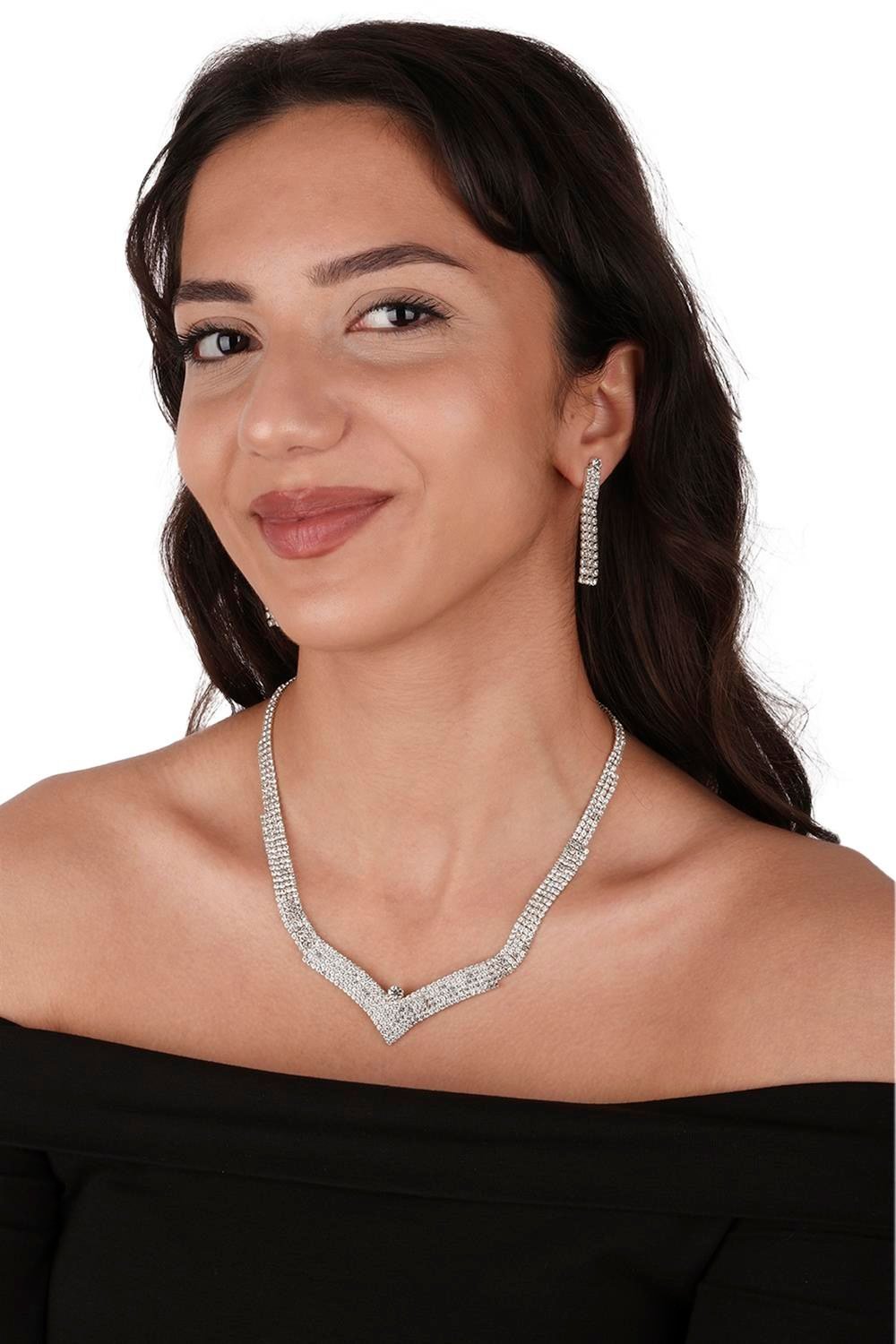 Vera Kristal Taşlı Abiye Kolye Küpe Seti Ve Yaprak Gelin Tacı