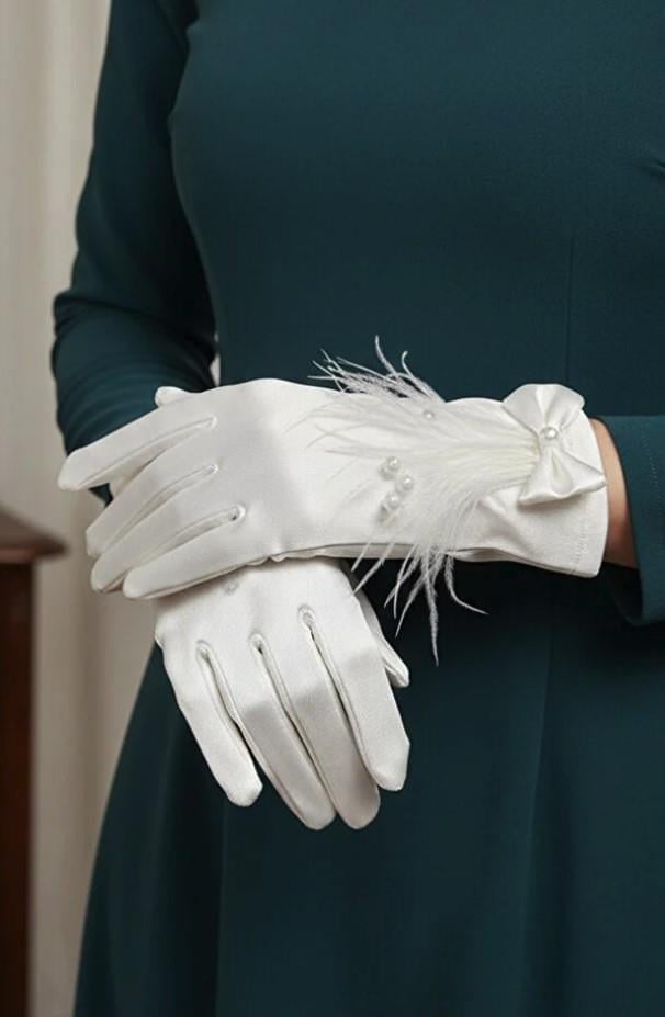 Victor İncili Saten Gelin Eldiveni - Tüy ve Fiyonk Detaylı Lüks Nikah Eldiveni