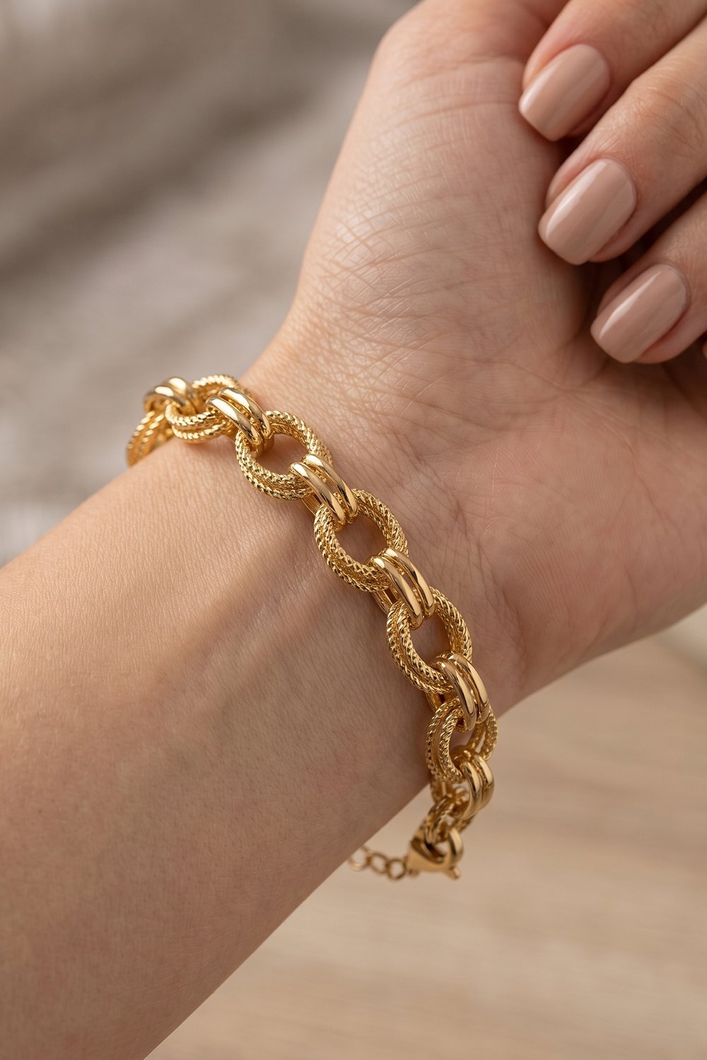 Toptan Xuping Gold Renk Dokulu Halka Zincir Kararmaz Çelik Bileklik