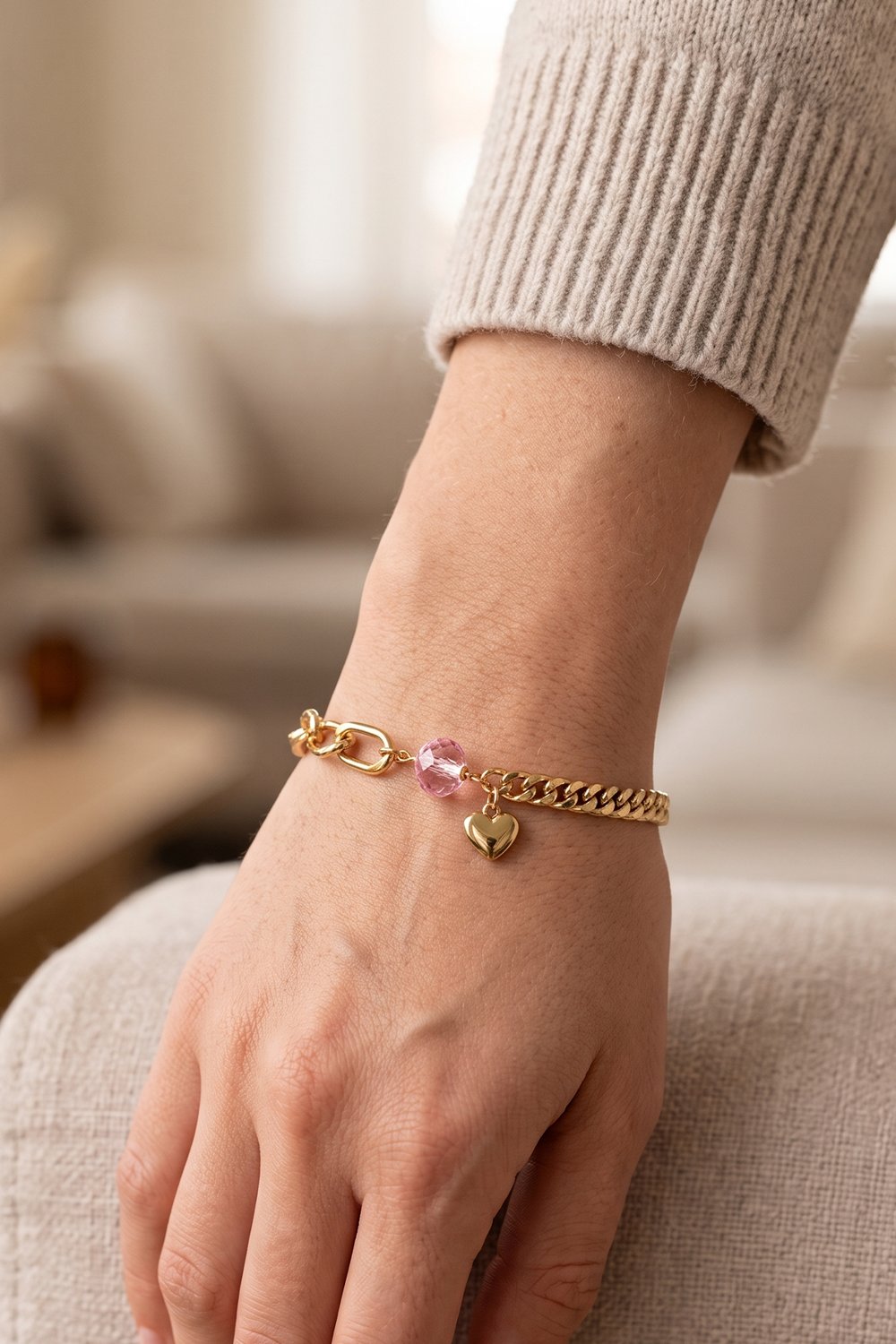 Toptan Xuping Pembe Kalp Taşlı Karışık Zincir Model Çelik Bileklik