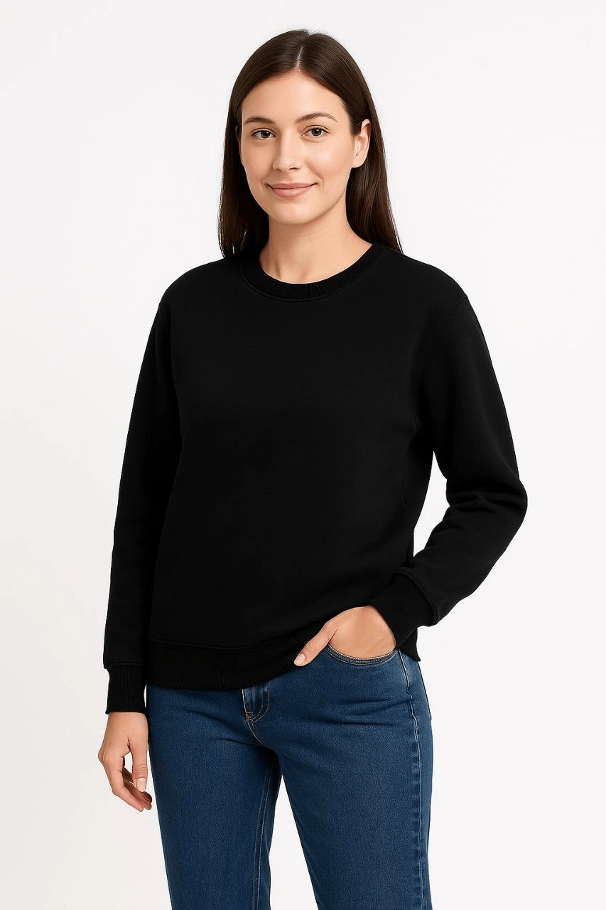 Kadın 3 İplik Pamuklu Düz Bisiklet Yaka SweatShirt - Siyah