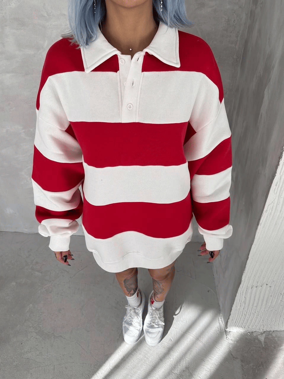 Kadın 3 İplik Pamuklu Parçalı Yakalı SweatShirt - Kırmızı