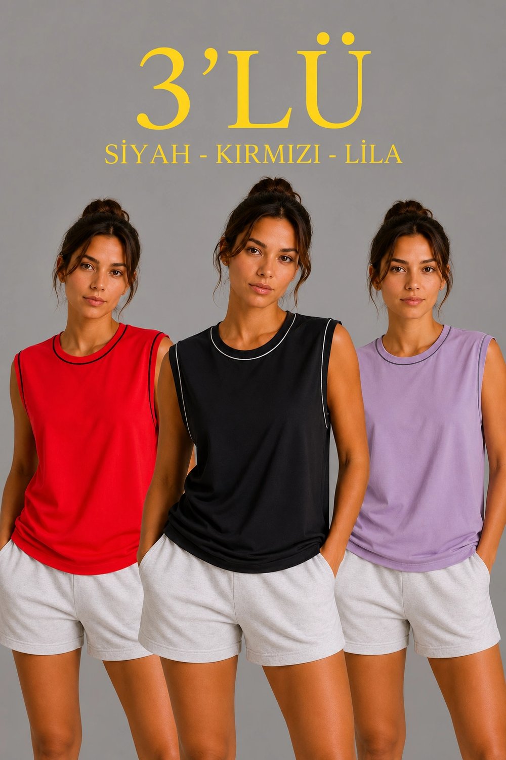 Kadın 3’lü Kolsuz Sporcu Atlet Seti Yazlık Bisiklet Yaka - Siyah, Kırmızı, Lila