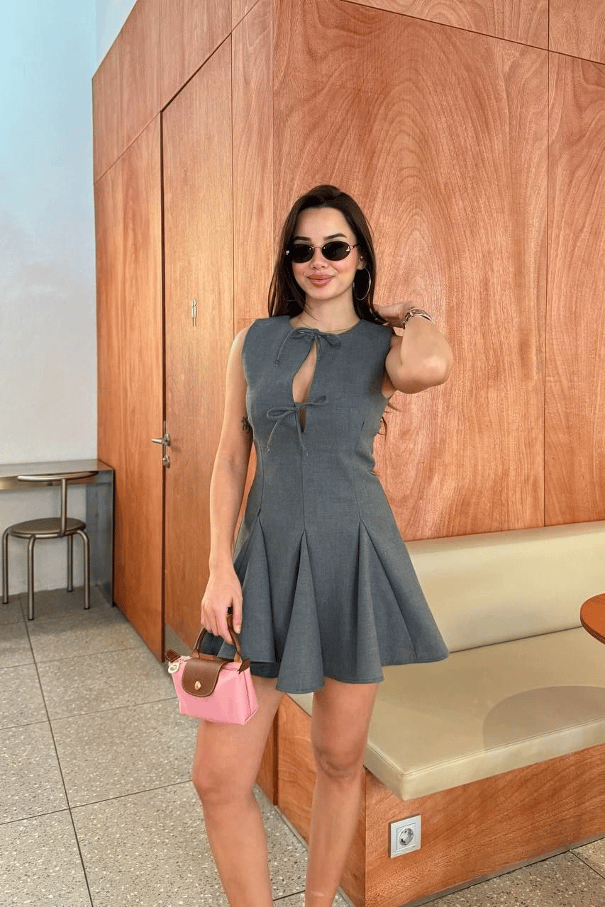 Kadın Bağcık detaylı Kolsuz Mini Elbise - Antrasit