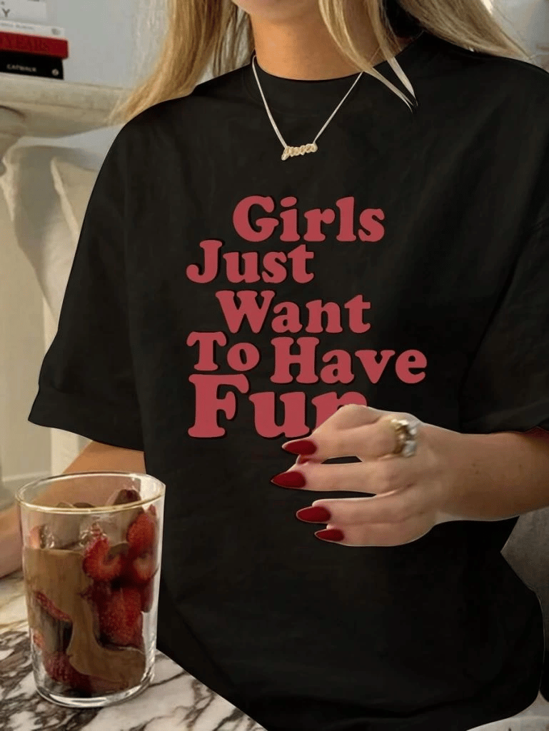Kadın Baskılı Oversize Kısa kol T-shirt - Siyah
