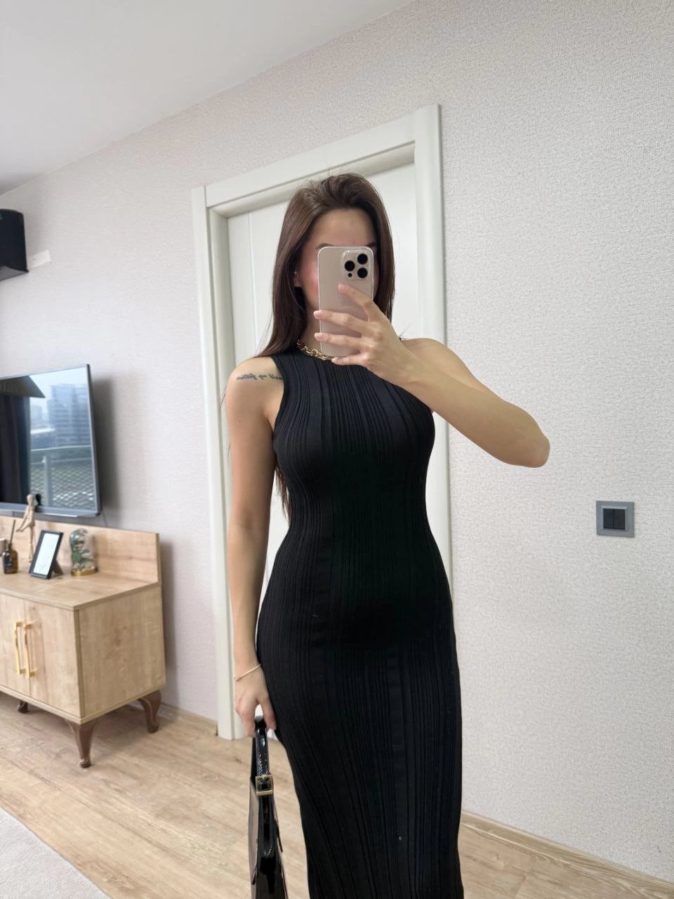 Kadın Fitilli Triko Elbise Kolsuz Sırtı Kapalı Maxi Uzun Boy - Siyah