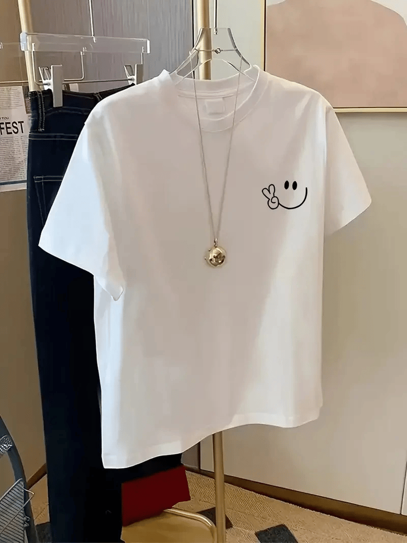 Kadın Gülücük Baskılı Tişört Kısa Kol Bisiklet Yaka Oversize T-Shirt - Beyaz