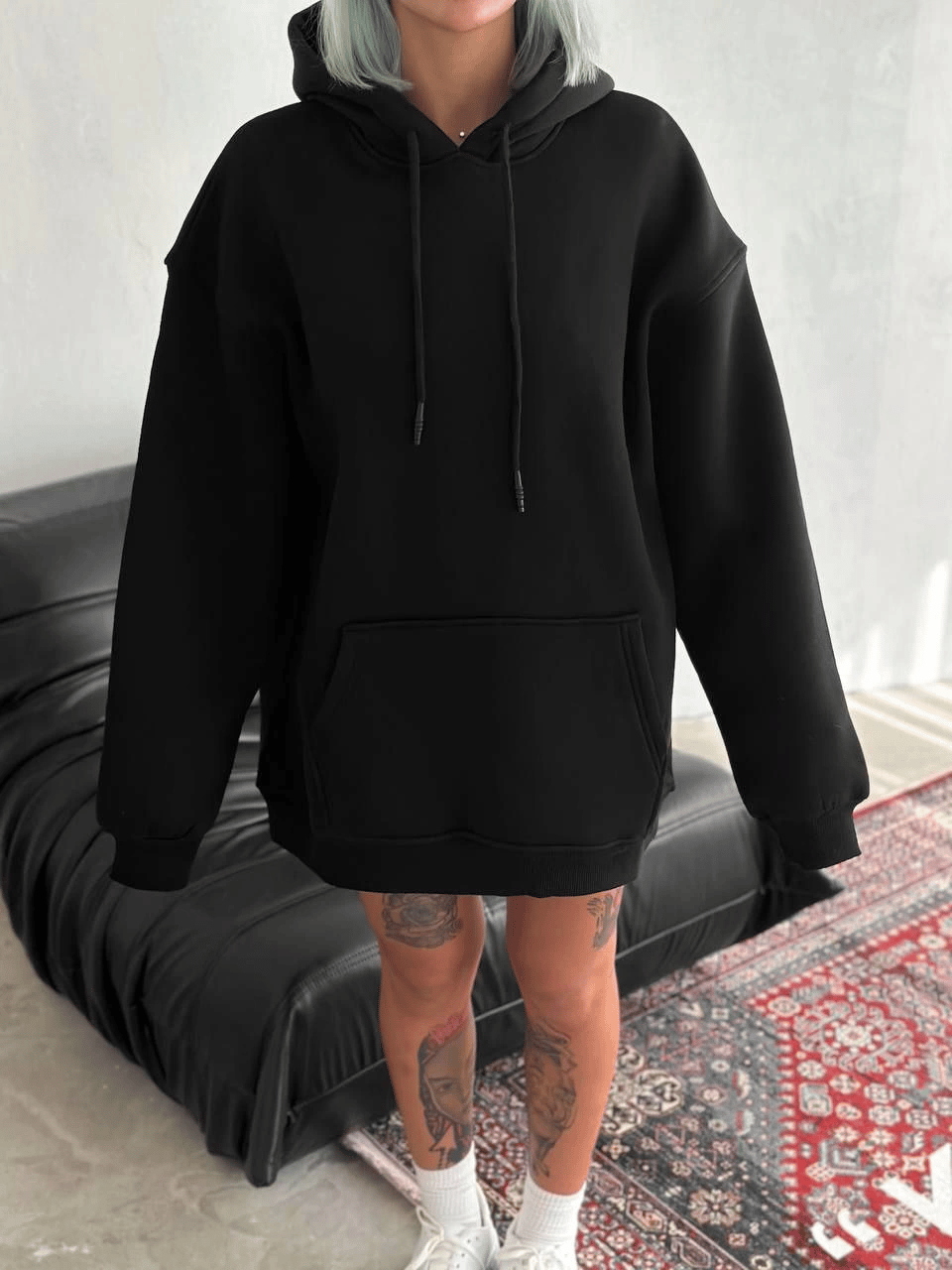 Kadın Kapüşonlu Kanguru Cepli 3 İplik Pamuklu Oversize Hoodie Sweatshirt - Siyah