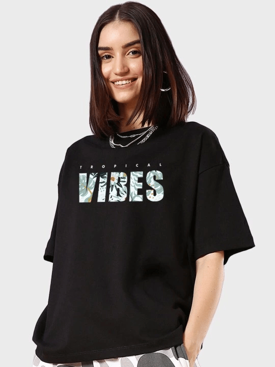 Kadın Kısa Kol Yazlık Tişört Bisiklet Yaka VIBES Baskılı T-Shirt - Siyah