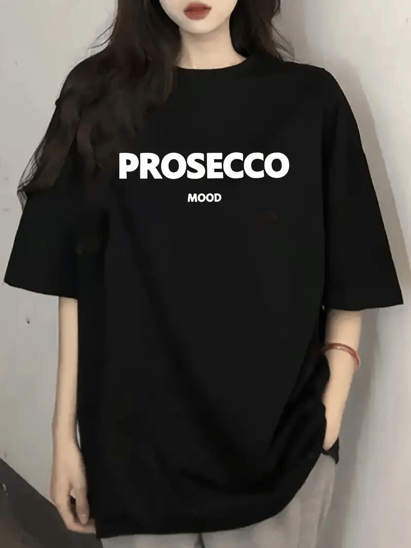 Kadın Kısa Kol Yazlık Tişört Bisiklet Yaka Baskılı Oversize T-Shirt - Siyah
