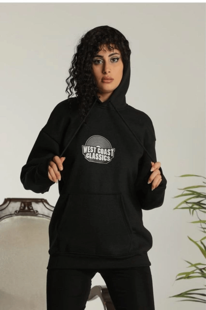 Kadın Oversize Kapüşonlu Cepli Baskılı 3 İplik Pamuklu Hoodie Sweatshirt - Siyah