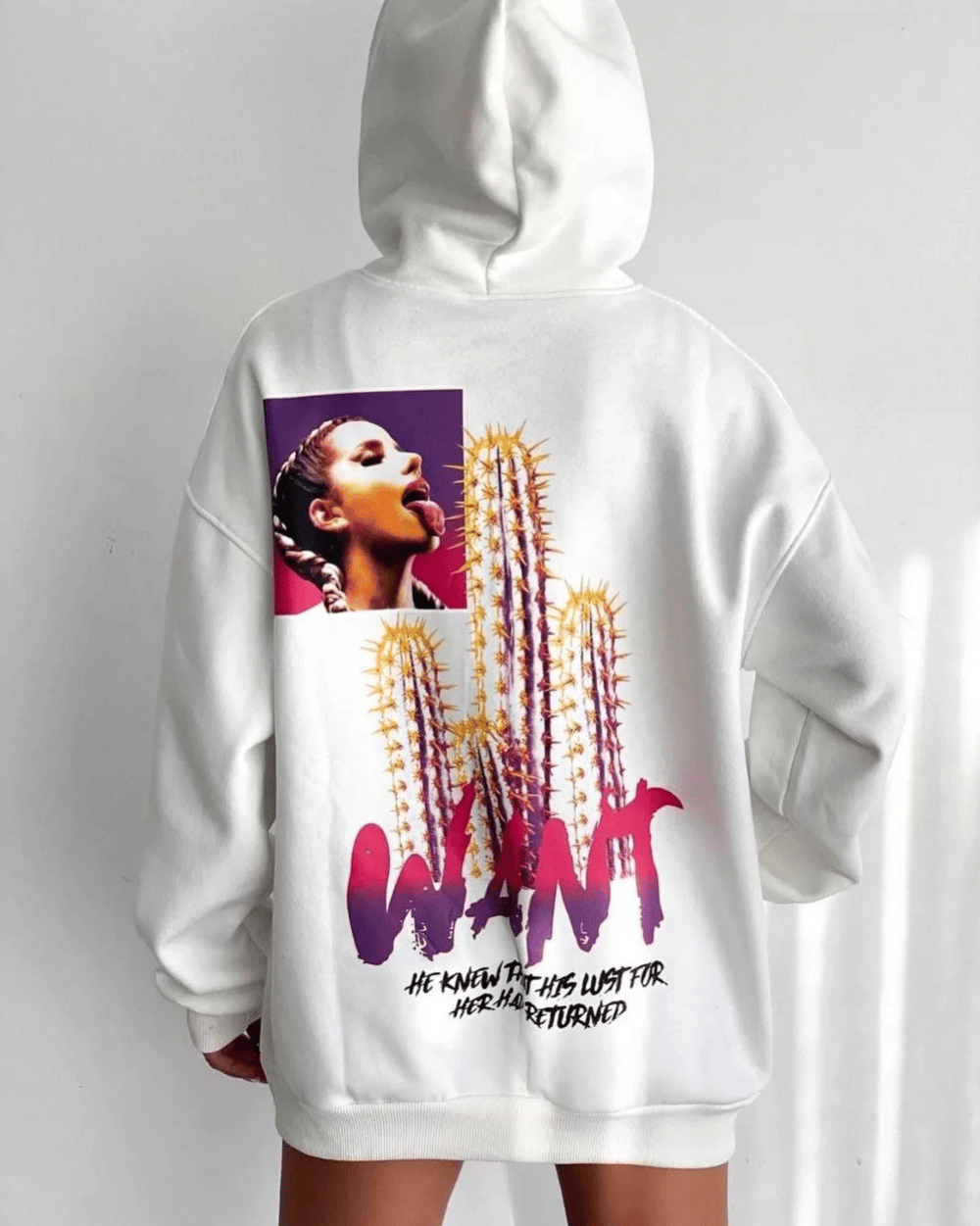 Kadın Oversize Kapüşonlu Cepli WANT Baskılı 3 İplik Pamuklu Hoodie Sweatshirt - Beyaz