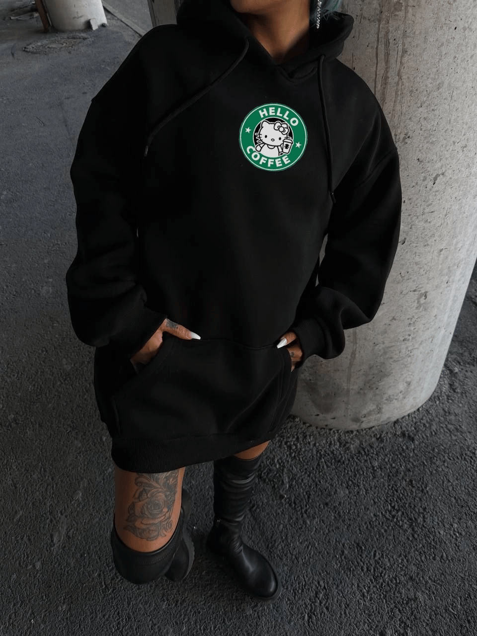 Kadın Oversize Kapüşonlu Kanguru Cepli Baskılı 3 İplik Pamuklu Sweatshirt Hoodie -   Siyah