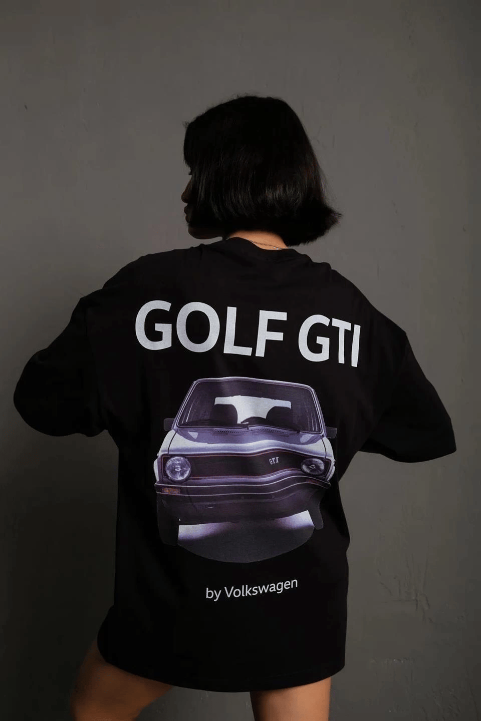 Kadın Oversize Tişört Golf GTI Retro Araba Baskılı T-shirt- Siyah