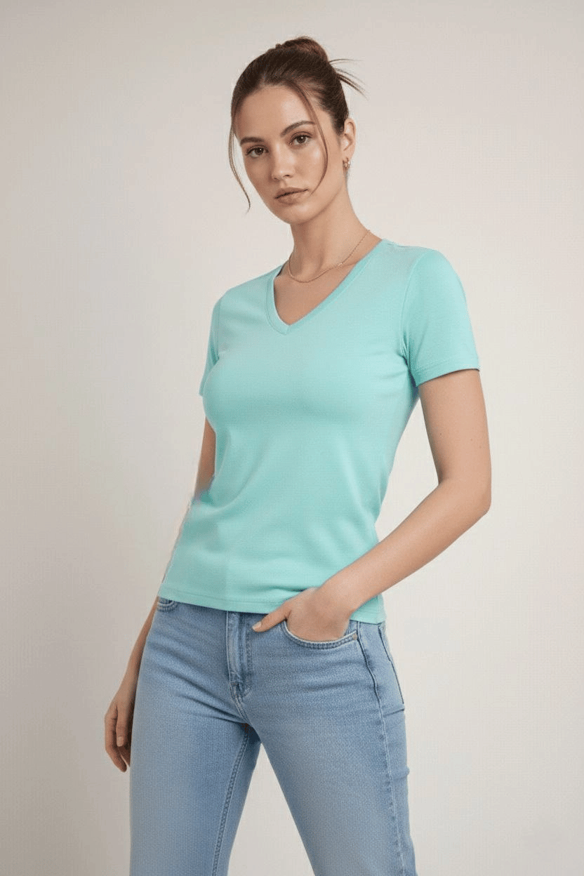 Kadın T-Shirt V Yaka Slim Fit Likralı Tişört Yazlık Basic Body - Turkuvaz