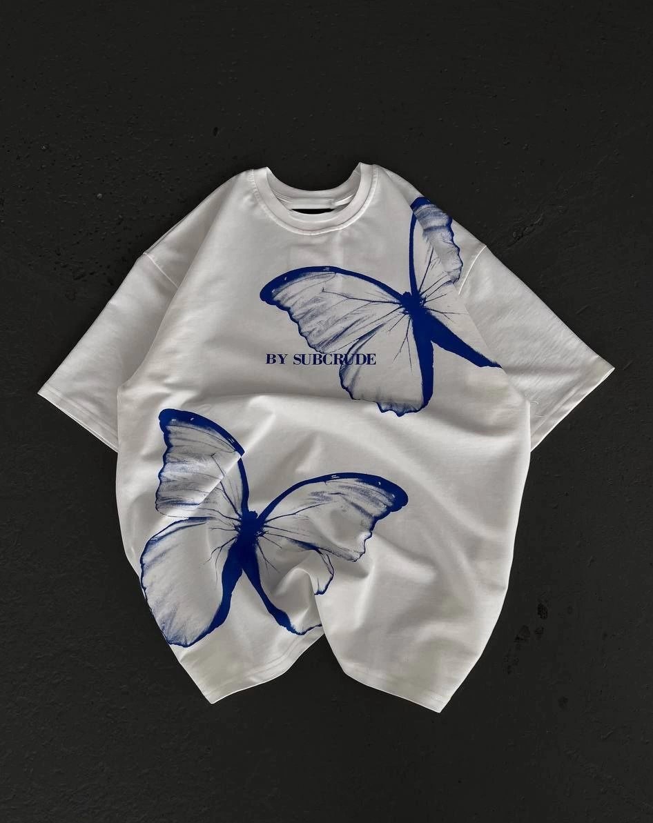 kadın  Bisiklet Yaka Baskılı Oversize T-Shirt - Beyaz
