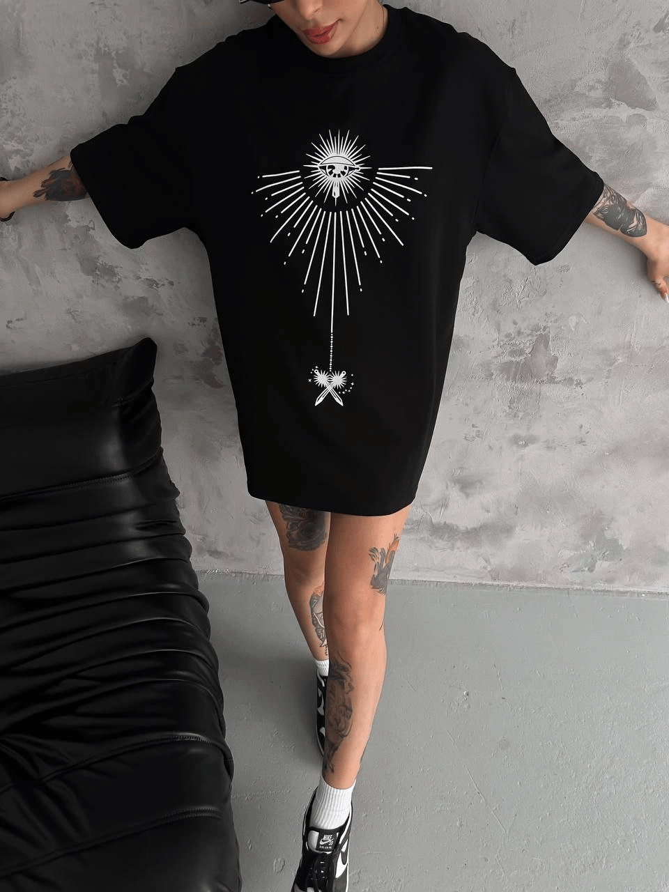 kadın Bisiklet Yaka Baskılı Oversize  Kısa kol T-Shirt - Siyah