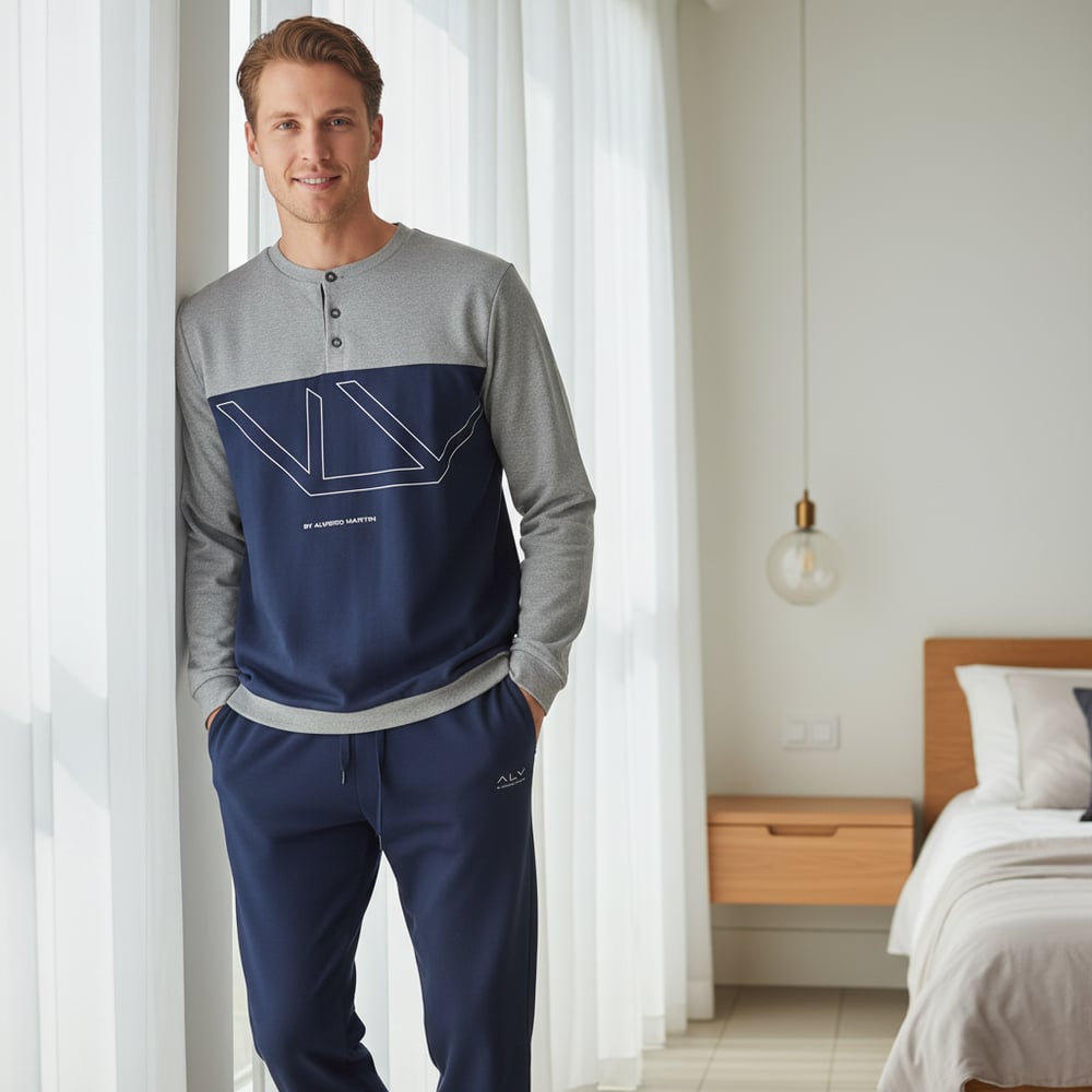 Erkek Pamuklu Gri - Lacivert Renk Pijama Takımı AL008 V2
