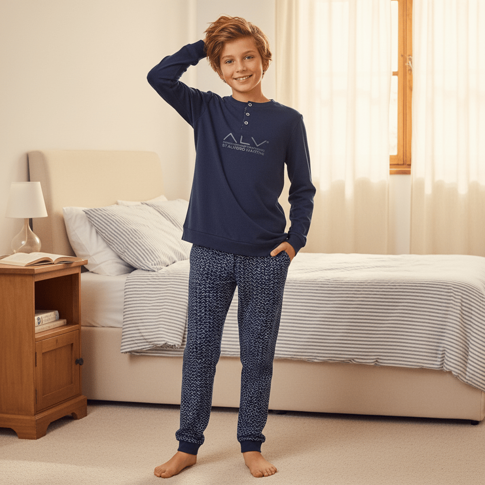 Genç Erkek Pamuklu Lacivert Renk Pijama Takımı AL001 V1 BB2431