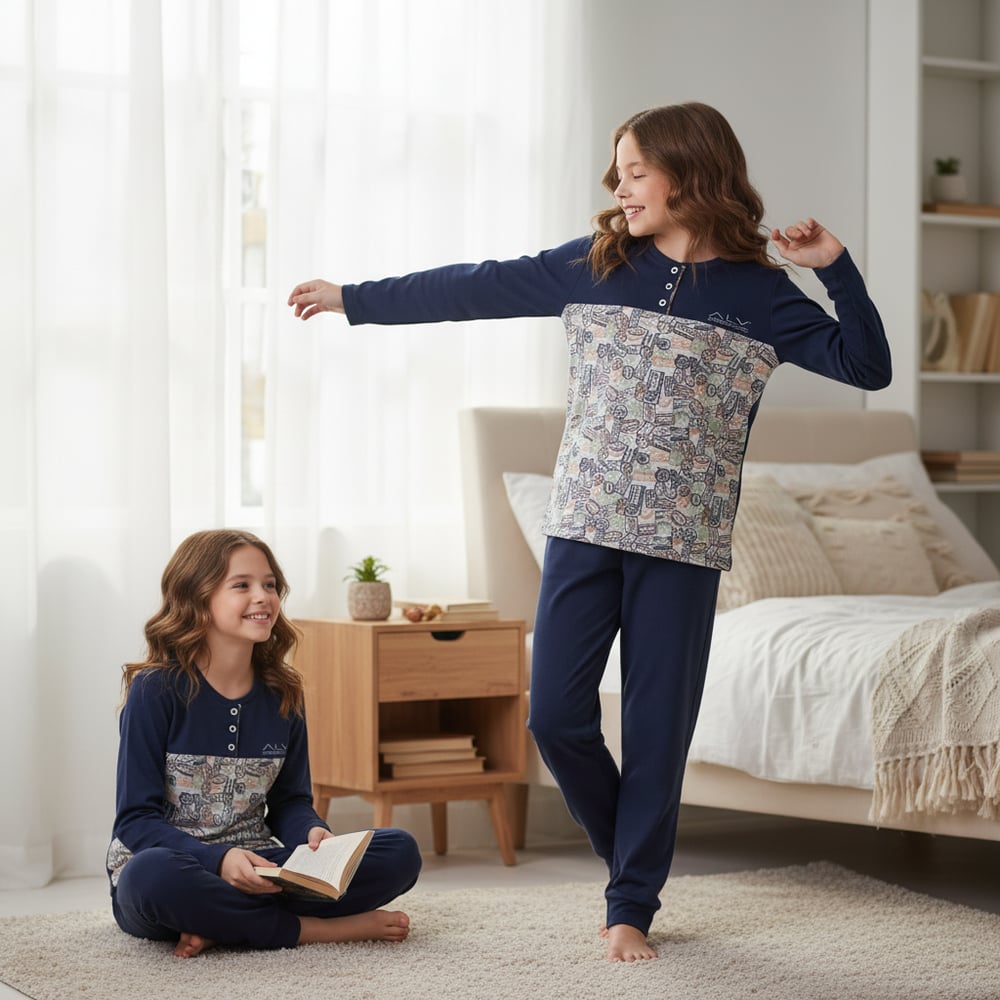 Genç Kız Pamuklu Lacivert - Desenli Renk Pijama Takımı AL501 V2 BB2443