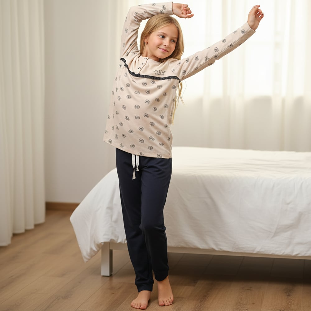 Genç Kız Pamuklu Vanilya Renk Pijama Takımı AL506 V1 BB2444