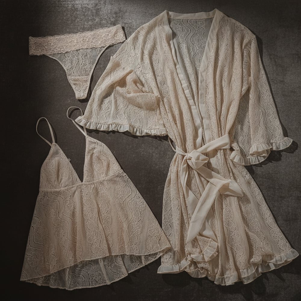 Kadın Çeyizlik Ve Bohçalık Tül Transparan Ekru Renk Babydoll, String ve Sabahlık 3 lü Paket BB2686