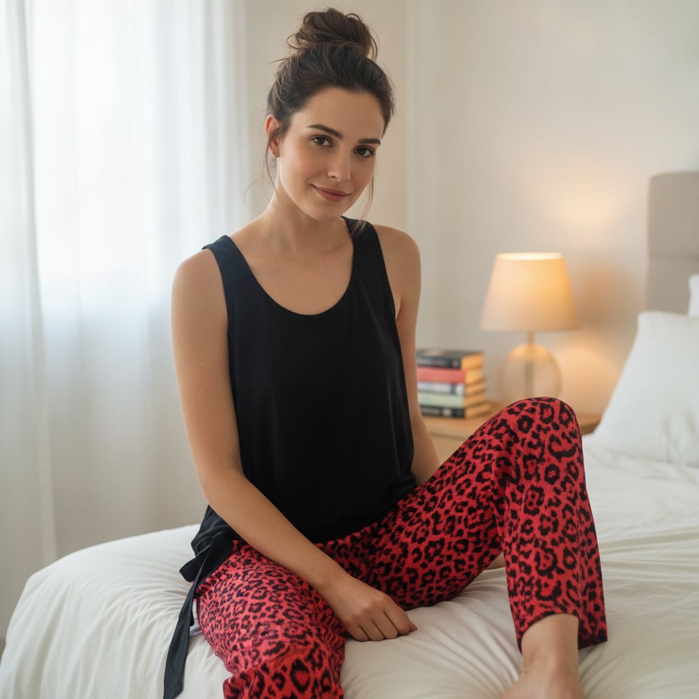 Kadın Likralı Kırmızı Siyah Desenli Saten Pijama Altı BB2612