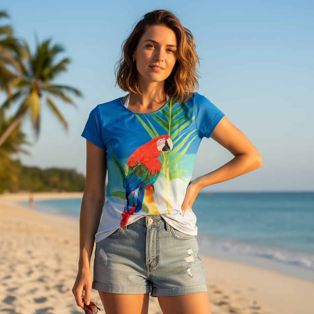 Kadın Plaj Giyim Mavi Renk Baskılı Kısa Kollu Tshirt BB2727