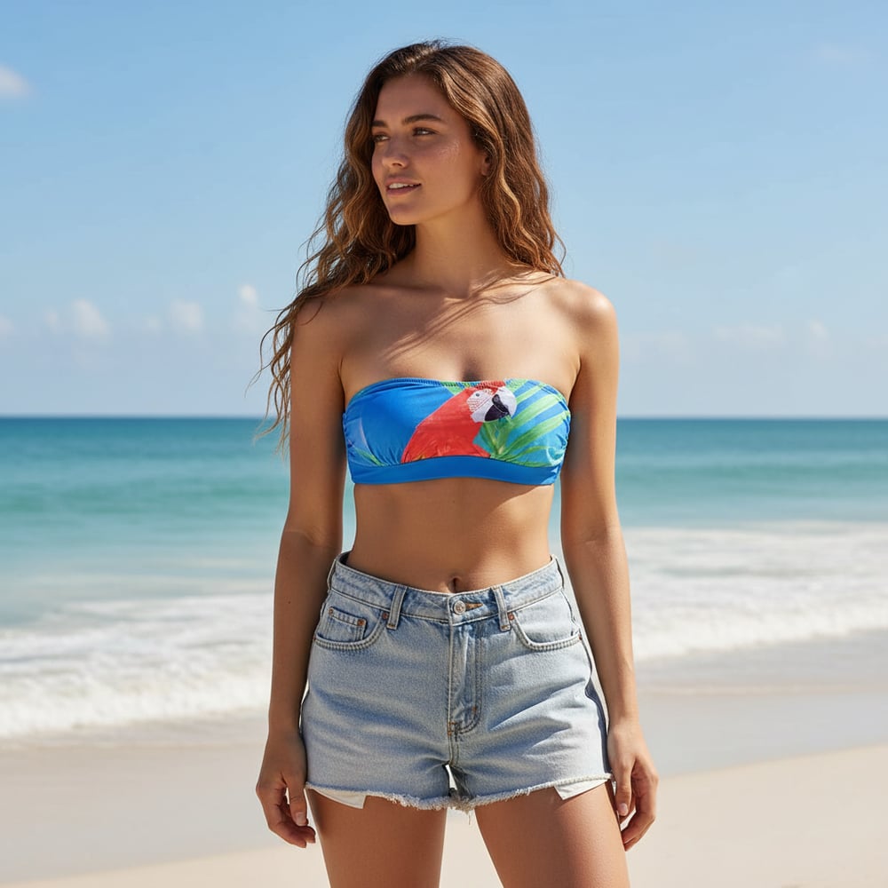 Kadın Plaj Giyim Mavi Renk Baskılı Straplez Bikini Üst BB2723