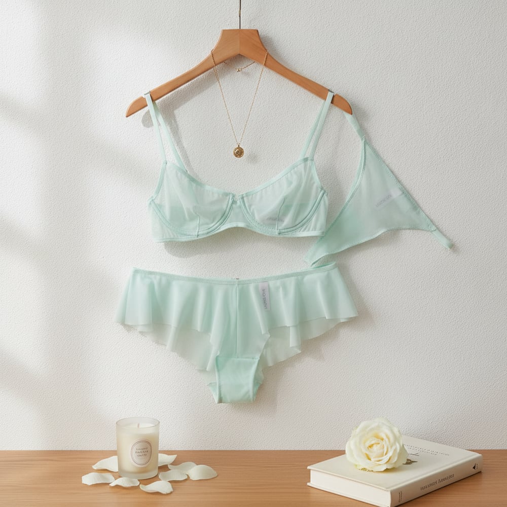 Kadın Tül Transparan Balenli Sütyen, Checky ve String Külotlu 3 lü Paket BB2621