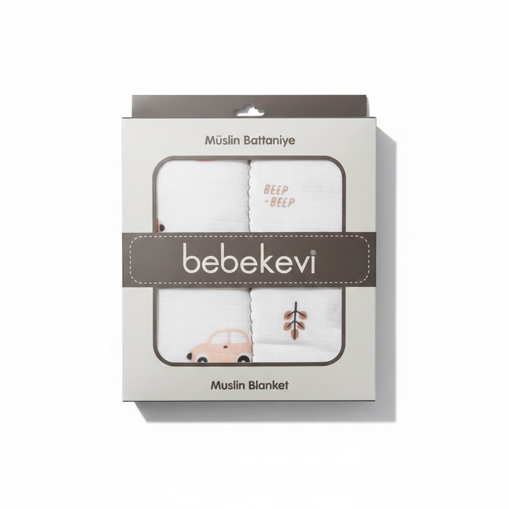 Bebekevi Araba Desen Müslin Battaniye Beyaz