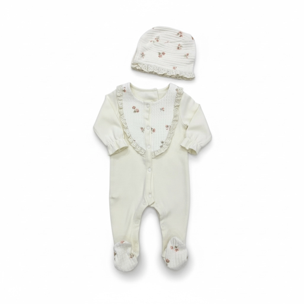 O Baby Fistolu Çiçekli Tulum Krem