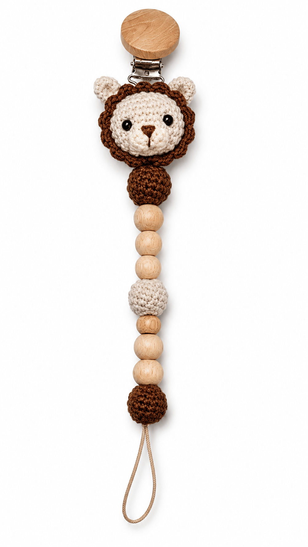 Yino Amigurumi Aslan Ahşap Emzik Askısı Bej