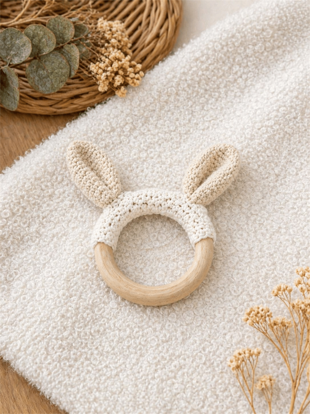 Yino Amigurumi Tavşan Ahşap Diş Kaşıyıcı Bej