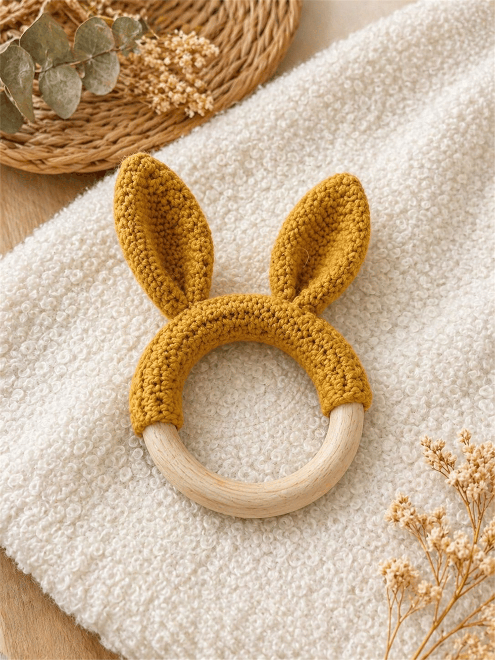 Yino Amigurumi Tavşan Ahşap Diş Kaşıyıcı Hardal