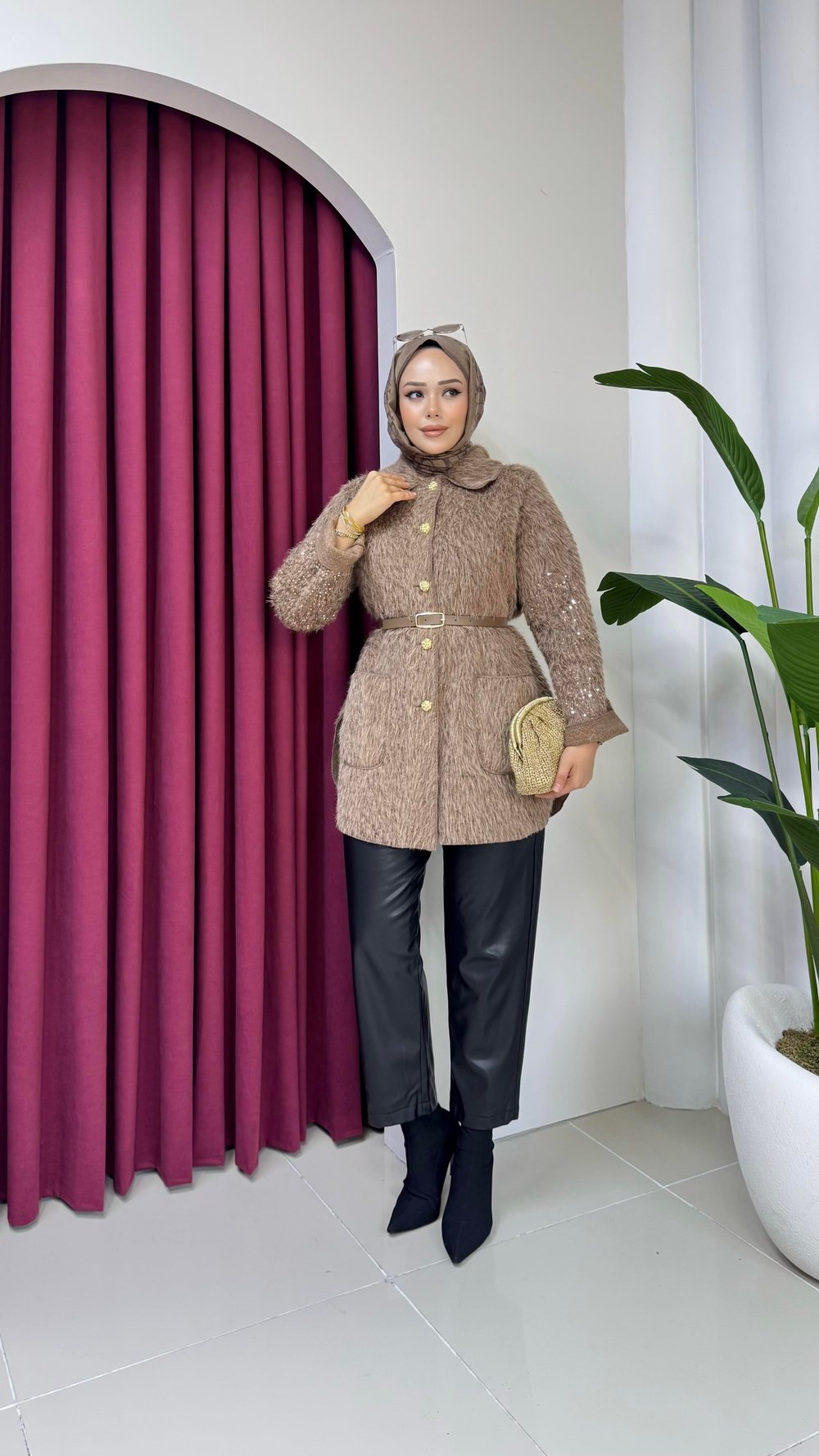 Kemerli Tüylü Ceket | Açık Kahve / Camel