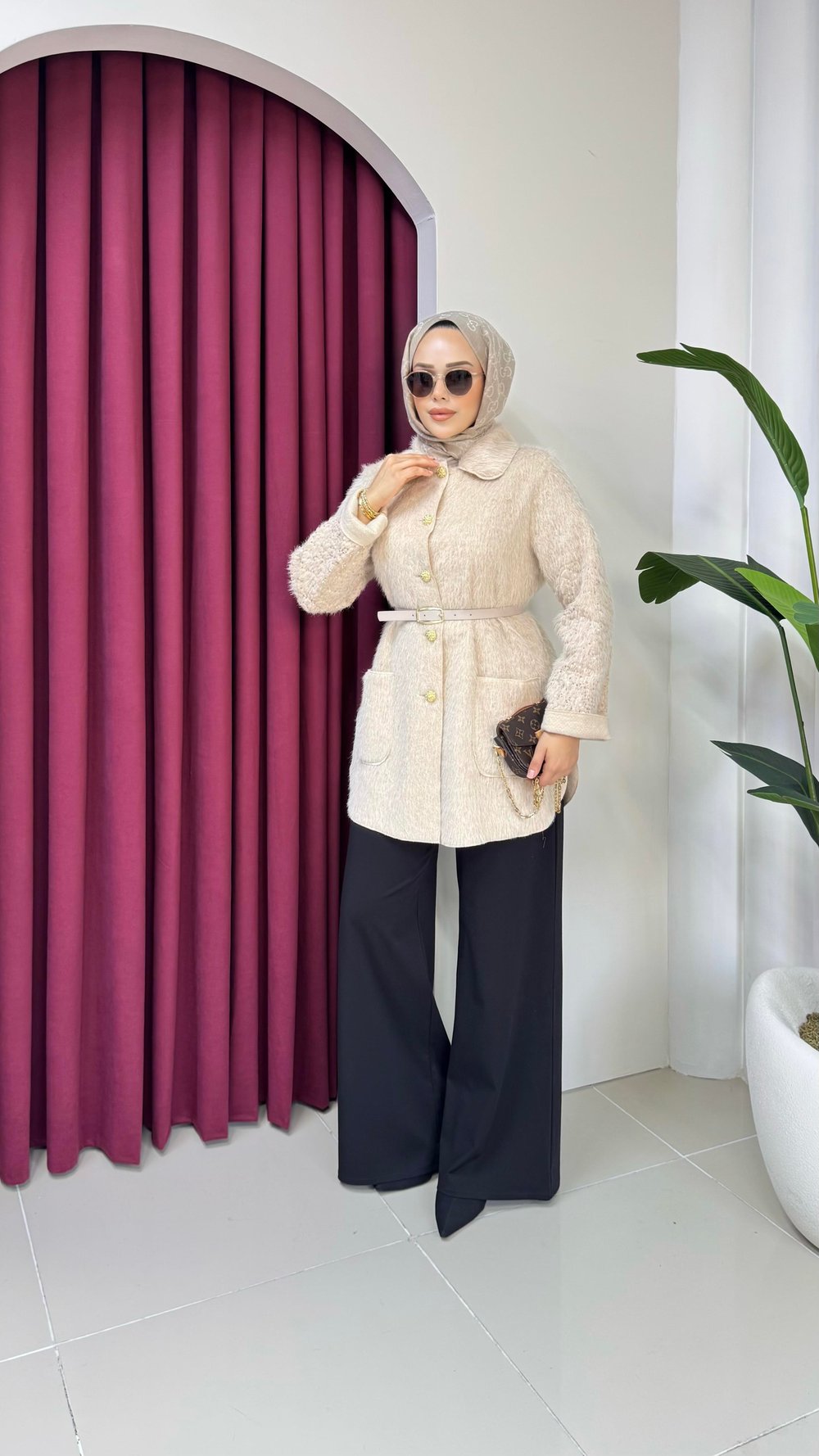 Kemerli Tüylü Ceket | Bej