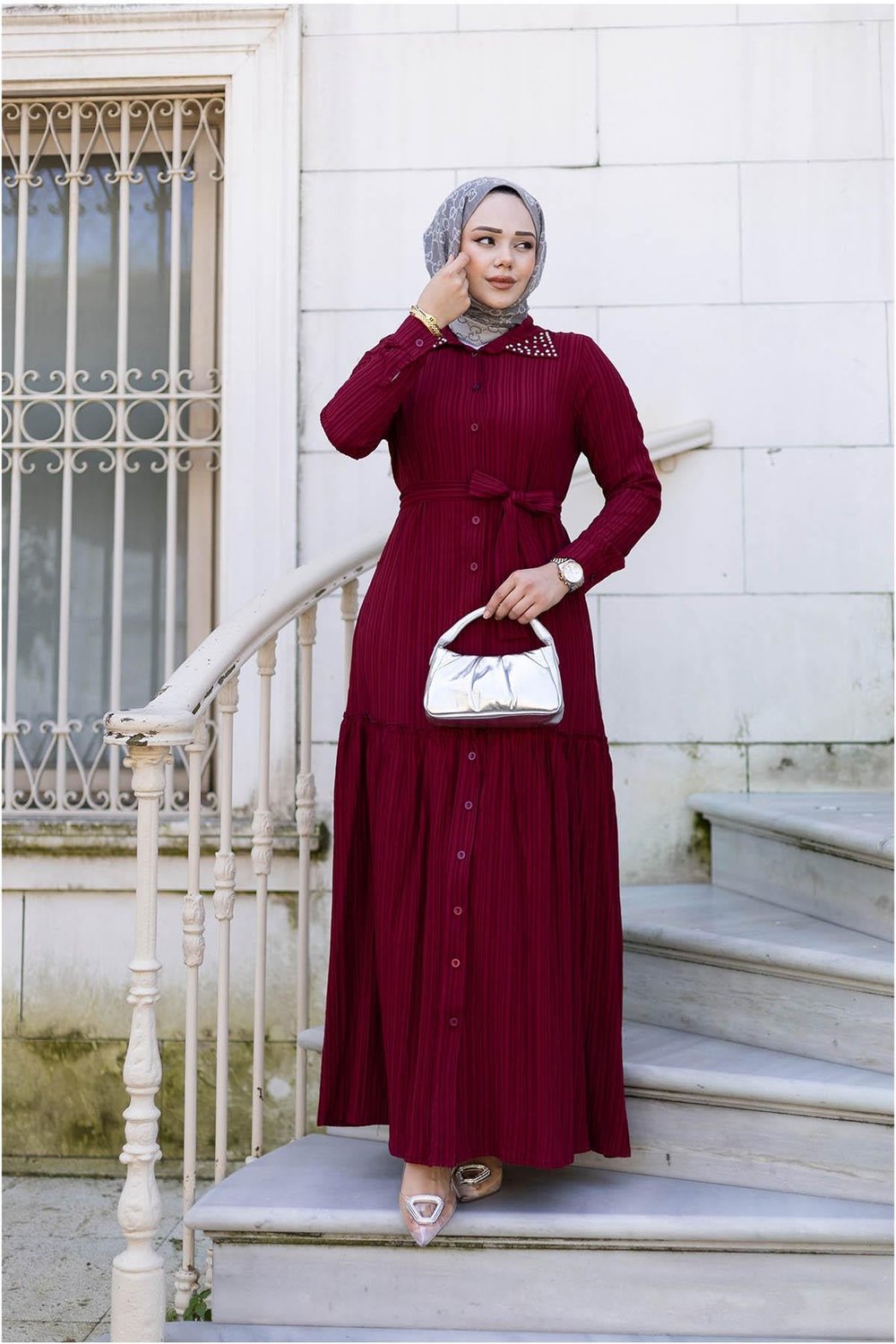 Yakası Taşlı Elbise | Bordo
