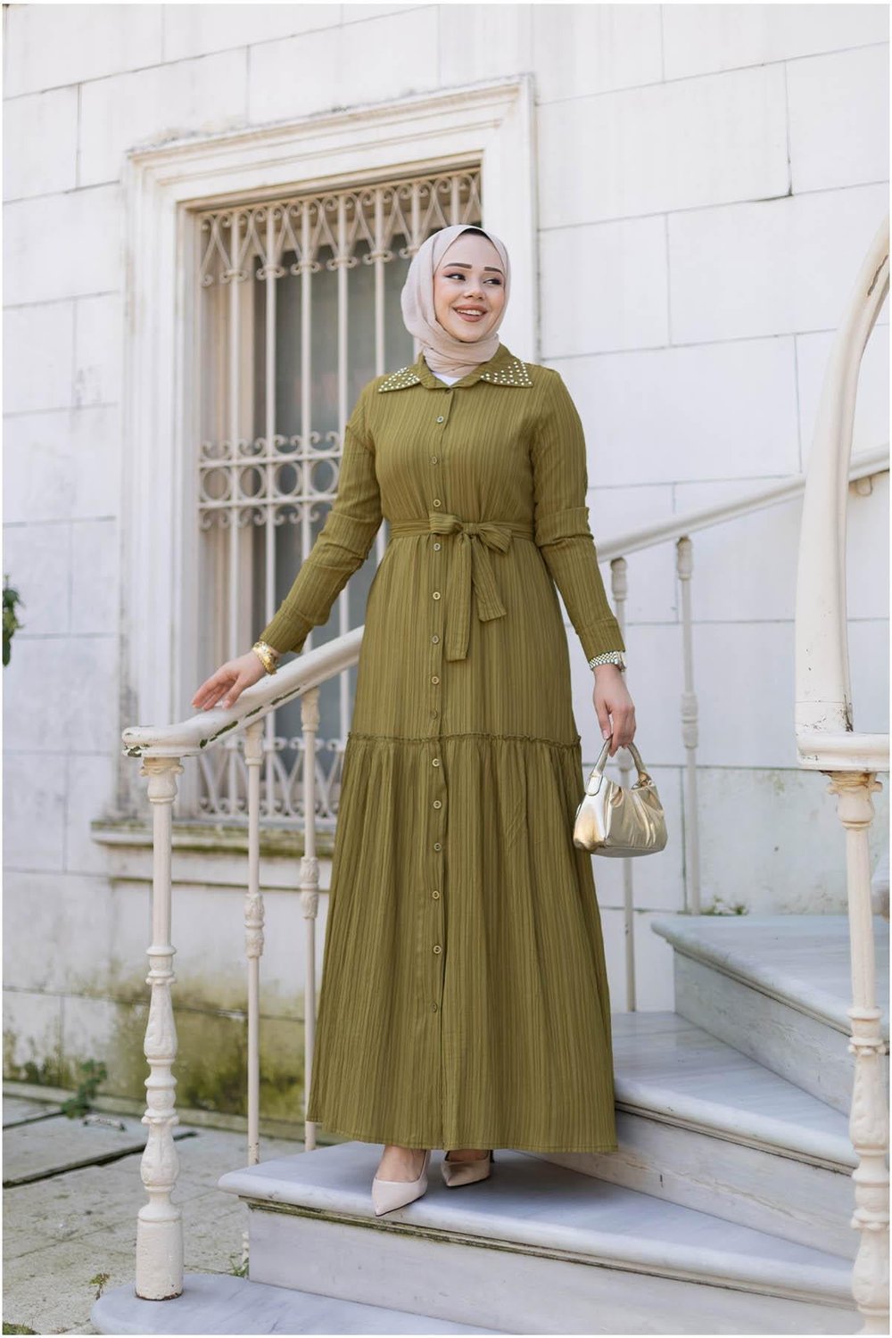 Yakası Taşlı Elbise | Yağ Yeşili