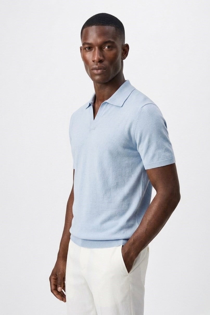 Polo Yaka Rayon Triko Kazak Açık Mavi