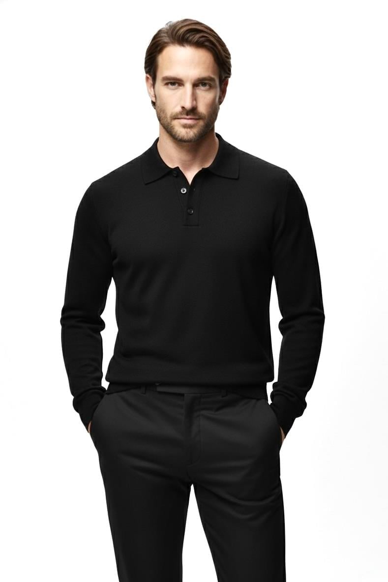 Regular Fit Polo Yaka Triko Kazak Siyah