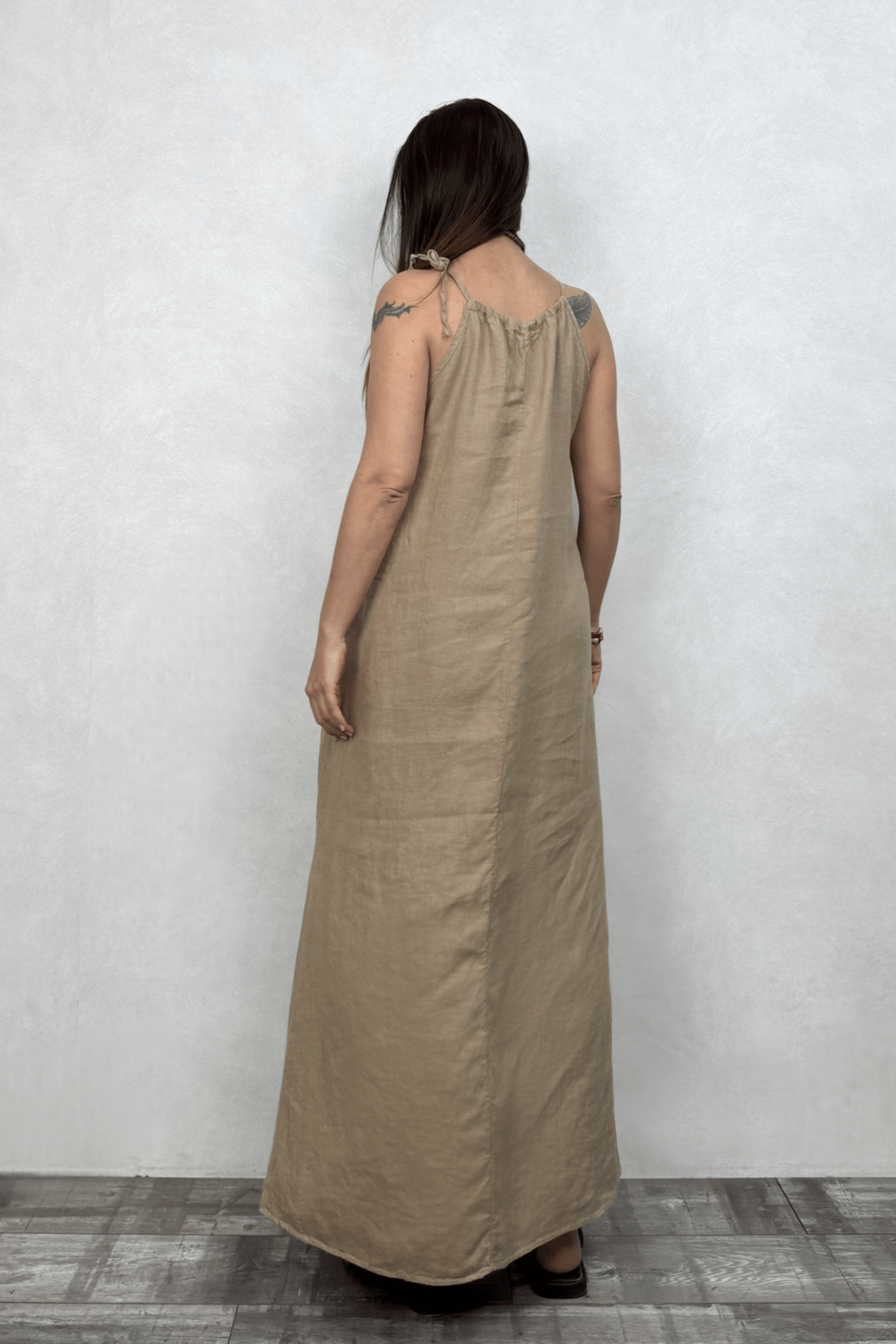 Amore Keten Elbise - Naturel Camel