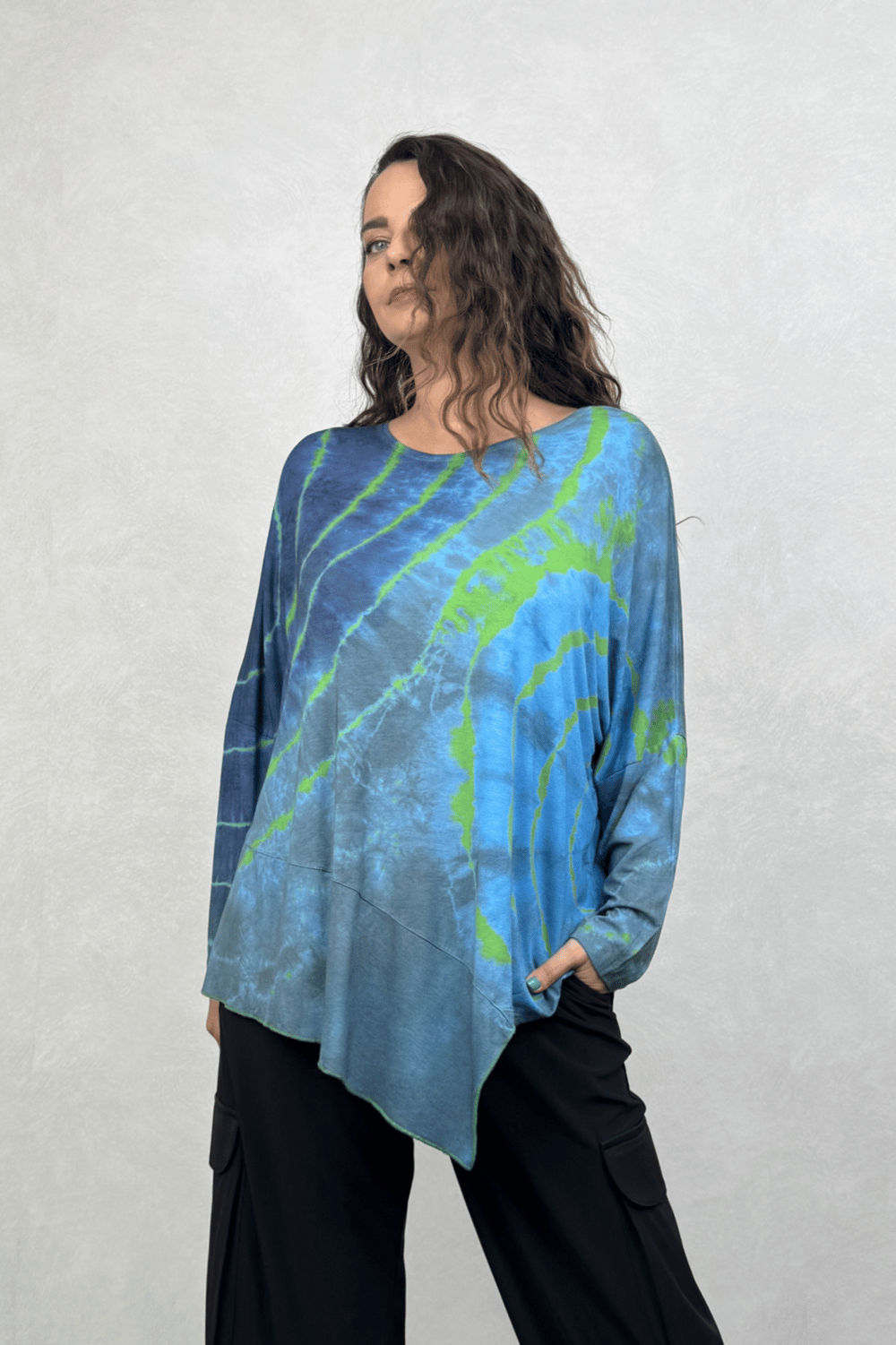 Asimetrik Bluz - Mavi Yeşil Batik